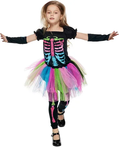 Vista 9 de Snailify Disfraz de calavera colorida para niñas, bonito vestido de Halloween para fiesta de cosplay