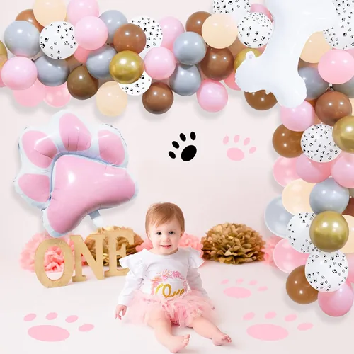 Vista 6 de Decoraciones de fiesta de perro, guirnalda de globos de pata de perro rosa, kit de arco de guirnalda de globos de fiesta de perro con pata de perro