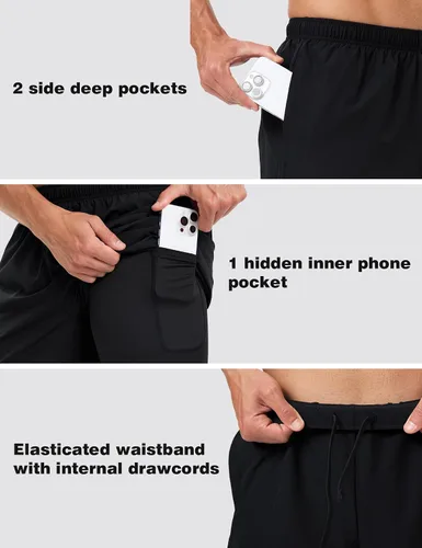 Vista 3 de Pantalones cortos deportivos 2 en 1 para hombre, de secado rápido, 5 pulgadas, ligeros, con forro y bolsillos