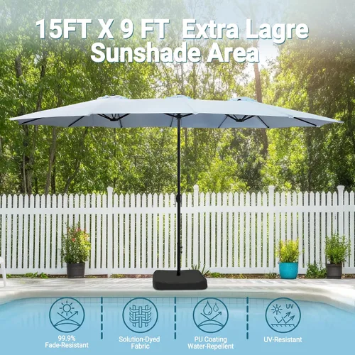Vista 13 de Sombrilla de doble cara para patio de 15 x 9 pies con base y manivela, sombrilla rectangular extragrande para patio, césped y jardín, beige
