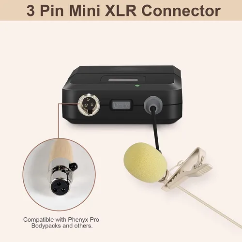 Vista 4 de Phenyx Pro Combo de micrófono de solapa y auriculares Lavalier beige con mini conector XLR, clip manos libres, auriculares flexibles con cable