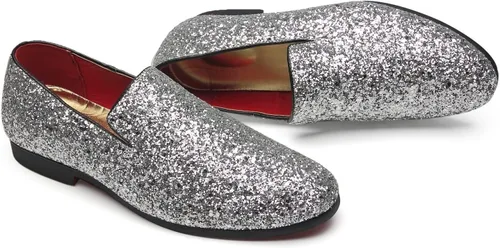Vista 5 de Haza Pairs Pantuflas brillantes para hombre, con lentejuelas metálicas, con textura, esmoquin con purpurina, mocasines de graduación, zapatos
