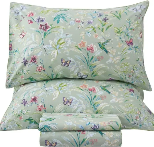 Vista 12 de QSH Juego de sábanas de tamaño individual 100% algodón egipcio, estampado de flores verdes con pájaros, mariposas y botánicas, lujo impreso, ropa