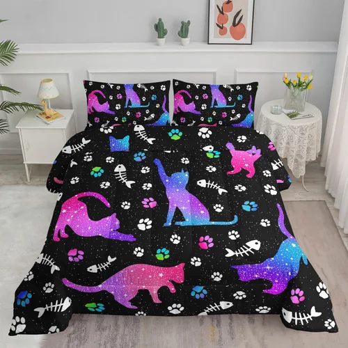 Vista 32 de Axolotl - Juego de ropa de cama para niños con diseño de gatos de dibujos animados tamaño individual, juego de edredón con líneas degradadas y lindo