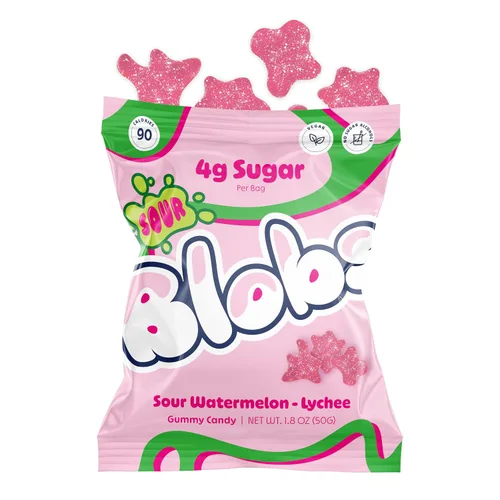 Vista 7 de Blobs SOUR Gummy Candy bajo en azúcar y bajo en calorías, sin alcoholes de azúcar, vegano, sin colorantes, sandía, lichi, cereza negra Ras, fresa