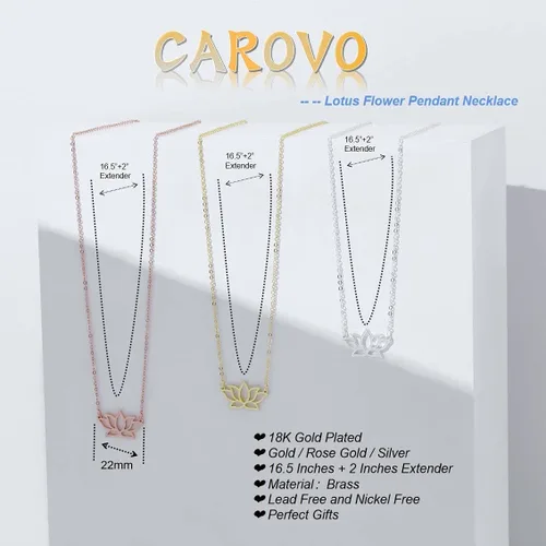 Vista 6 de CAROVO Delicado collar de flor de loto para mujer, chapado en oro de 18 quilates, minimalista, perno de rayo, circonita cúbica, colgante de cruz