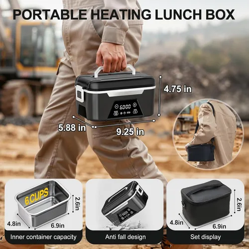 Vista 2 de Cordless Heated Lunch Box For Adults, 1.5L (6 Cups) Rechargeable Electric Lunch Box Battery Powered With Scheduled Heating, Automatic