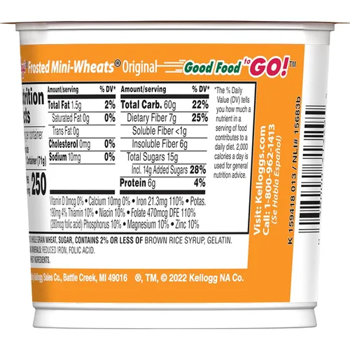 Vista 3 de Kellogg's Frosted Mini-Wheats Tazones de Cereal para el Desayuno, Cereal Alto en Fibra, Bocadillos para Niños, Original, Caja de 30oz (12 Tazones)