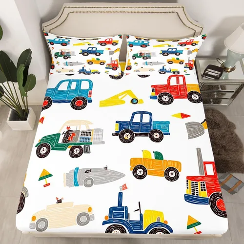 Vista 30 de Juego de sábanas bajeras ajustables para niños, diseño de caricaturas, camiones, tamaño individual, juegos de ropa de cama de excavadoras, camiones