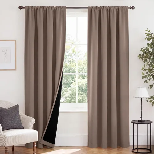Vista 102 de NICETOWN Biscotti Beige 100% Cortinas opacas de 45" de largo para cocina, bolsillo con varilla para sótano completamente opaco, cortinas térmicas