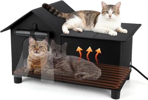 Vista 9 de Casa Grande con Calefacción para Gatos de Exterior, Casa Elevada para Gatos al Aire Libre Resistente a la Intemperie con Almohadilla Térmica