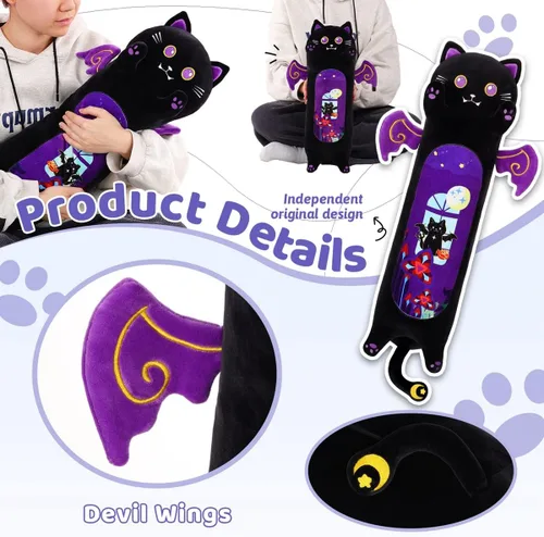 Vista 3 de AIXINI Almohada larga de felpa de gato negro de dibujos animados, suave juguete de peluche de gatito Kawaii para niños (gato gótico, 35.4 pulgadas)
