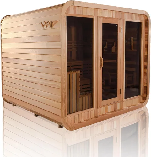Vista 2 de Kit de sauna de cubo de madera de cedro rojo canadiense, personalizable, cuadrado, para exteriores, con porche, 220V, estufa eléctrica HARVIA