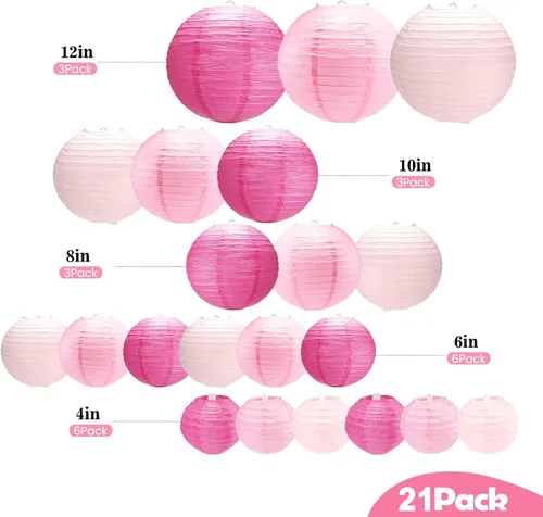 Vista 4 de 21 linternas de papel rosadas, 4, 6, 8, 10, 12 pulgadas, para colgar en interiores y exteriores, con cinta y cuerda para graduación, cumpleaños