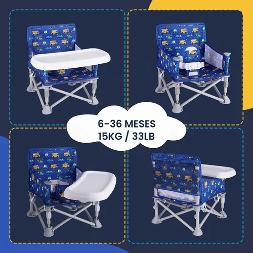 Vista 4 de Silla de bebé portátil, asiento elevador plegable con bandeja para mesa de comedor, silla de camping compacta para césped, playa, viajes, bebés de 6