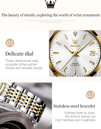 Vista 5 de OLEVS Juego de pares de relojes mecánicos automáticos con cuerda automática reloj a juego para él y ella regalos del día de San Valentín