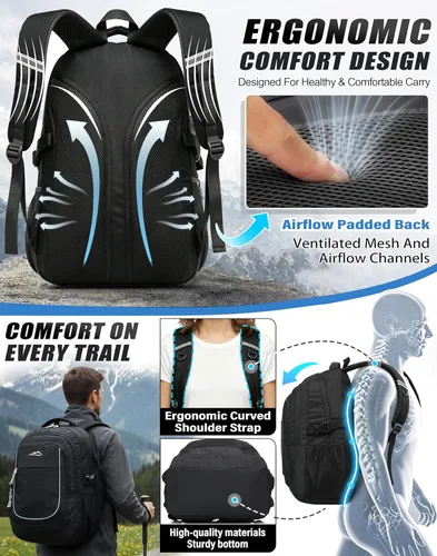 Vista 5 de ProEtrade Mochila para universidad, viajes, negocios, senderismo, apta para laptop de hasta 15.6 pulgadas, Negro, 15,6 pulg., Mochilas Daypack
