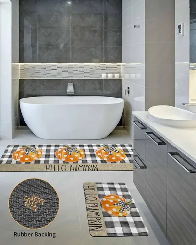 Vista 5 de Tapete de baño con diseño de calabaza a cuadros para bañera, antideslizante, de secado rápido y absorbente, con tierra de diatomeas, para fregadero