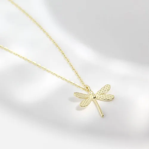 Vista 2 de Collar con dije de libélula de plata de ley para mujer, delicado collar plisado, oro rosa, regalo de joyería