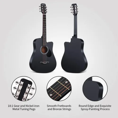 Vista 2 de Guitarra acústica negra de 38 pulgadas, kit para principiantes de guitarra acústica para adultos, juego de iniciación con bolsa acolchada, correa