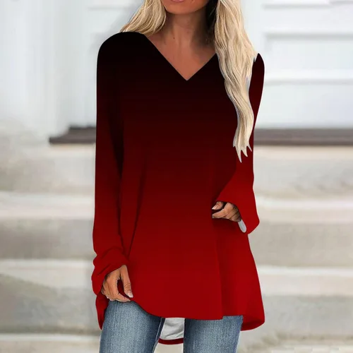 Vista 2 de DPTALR Camisetas de manga larga para mujer, con estampado de corazón, holgada, con dobladillo con volantes, ligera, de manga larga