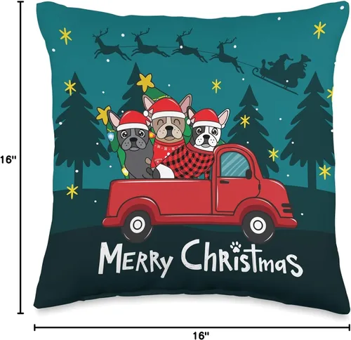 Vista 4 de French Bulldog Frenchie truck Christmas Almohada divertida para regalo de Navidad, diseño de bulldog francés, diseño de camión de Navidad, 16 x 16
