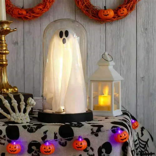 Vista 2 de Decoraciones de Halloween para interiores, fantasma iluminado en cúpula transparente, bonita decoración de fantasma espeluznante para exhibición