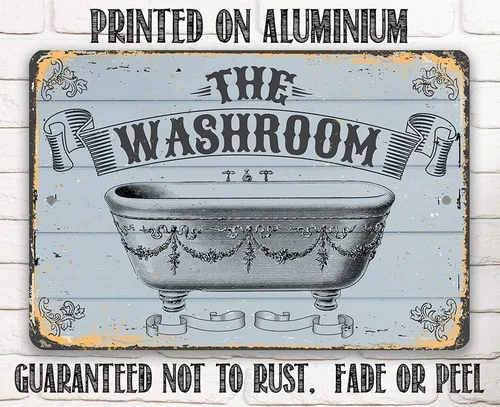 Vista 8 de Letrero de metal – The Washroom – Letrero de metal duradero – Uso en interiores y exteriores – Gran decoración de baño y regalo de menos de $20