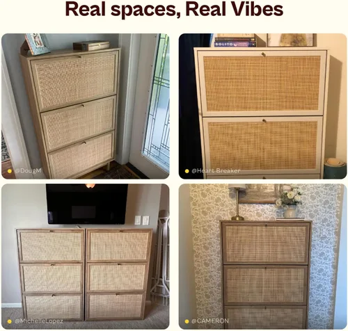 Vista 8 de mopio Hannah - Gabinete para zapatos, organizador de almacenamiento de zapatos estilo granja de ratán natural, estante de armario de 3 puertas