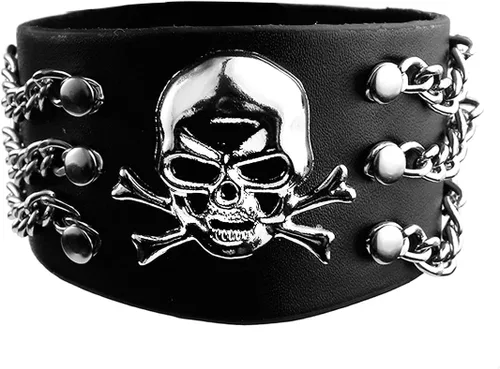 Vista 6 de Eigso Pulsera de cuero sintético negro con calavera para hombre y mujer, pulsera ajustable