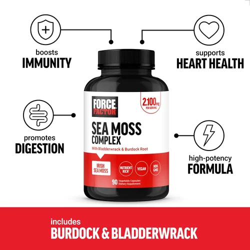 Vista 2 de Force Factor Cápsulas de musgo marino irlandés con bardana y vejiga para inmunidad, digestión, salud cardíaca y apoyo antioxidante, veganas, sin