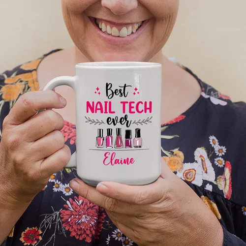 Vista 4 de Taza de cerámica Best Nail Tech Ever – Taza de cerámica personalizada con nombre de manicurista para compañero de trabajo – Nuevos regalos