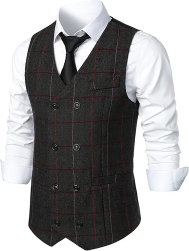 Vista 7 de Mens Slim Formal Business Waistcoat Casual Plaid Soft Suit Vest Classic Button Collar Sleeveless Coats Coffee