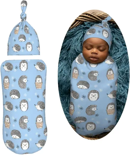 Vista 2 de Lindos erizos azules para recién nacidos, conjuntos de gorros, manta suave para bebé, saco de envolver para baby shower, regalo para niños y niñas