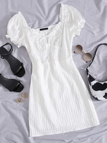 Vista 4 de Floerns Mini vestido de mujer con cuello corazón y manga abombada con volantes y lazo frontal