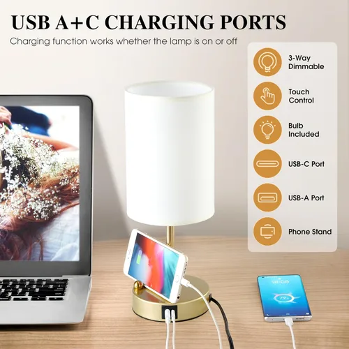 Vista 5 de Lámpara de mesa de control táctil Briever para dormitorio, lámpara de mesita de noche regulable de 3 vías con puertos de carga USB, lámpara