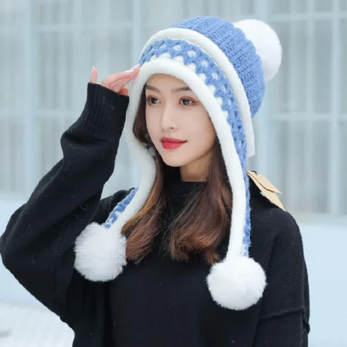 Vista 3 de HUAMULAN Gorro de invierno para mujer, con orejeras, con solapas, sherpa, esquí, nieve, forro polar, 3 pompones