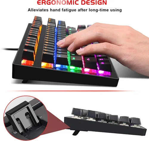 Vista 4 de MageGee Teclado mecánico para juegos de 87 teclas con retroiluminación LED RGB, teclado de computadora USB con cable con interruptores azules, 100%