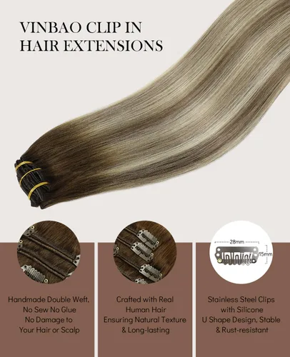 Vista 28 de VINBAO Extensiones de cabello humano con clip, balayage, color marrón ceniza a rubio caramelo, 14 pulgadas, 6 unidades, 3.53 onzas, 6
