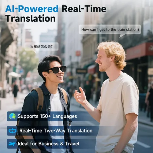 Vista 3 de Lentes inteligentes AI Translator con audio Bluetooth, lentes fotocrómicas, asistente de voz, lentes de sol de oreja abierta para hombres y mujeres