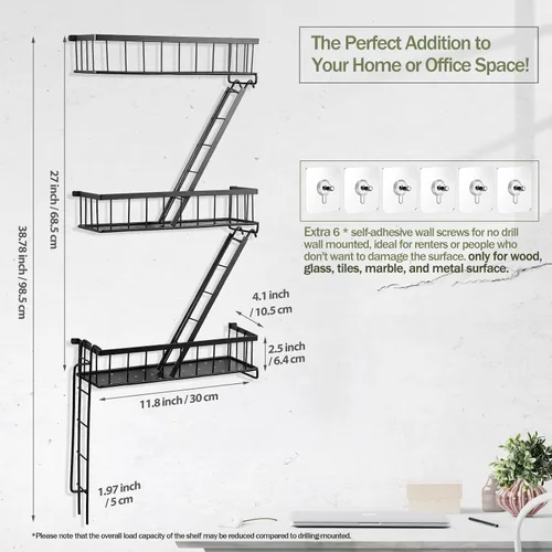Vista 2 de SweetSage Estante de Pared para Salida de Emergencia - Estante Decorativo de Escalera de Nueva York, Estante Flotante de Arte de Pared en Metal Negro