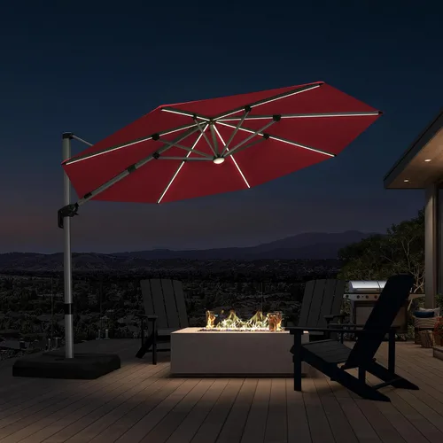 Vista 78 de PURPLE LEAF Sombrilla de patio de 9 x 12 pies con luces, sombrilla rectangular voladiza para exteriores, funciona con energía solar, LED