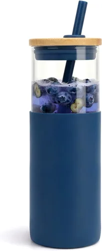 Vista 47 de Tronco Vaso de vidrio de 28 onzas con tapas y pajilla, taza reutilizable para café helado y vaso para batidos con tapa de bambú, funda de silicona