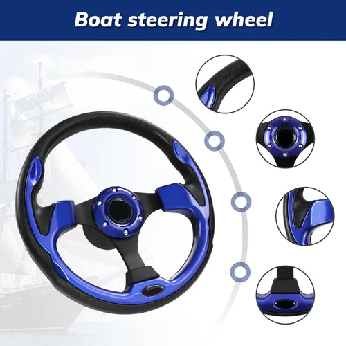 Vista 3 de 12.5 Inch Boat Steering Wheel with 3/4“ Axle Marine Steering Wheel Adapter, Yachts, Pontoon Boats Azul