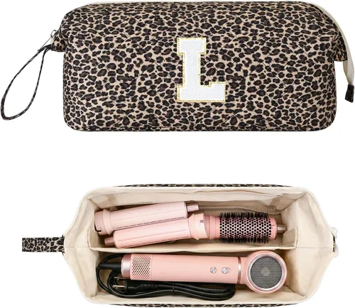 Vista 30 de Bolsa de viaje para herramientas para el cabello con inicial compatible con Estampado de leopardo