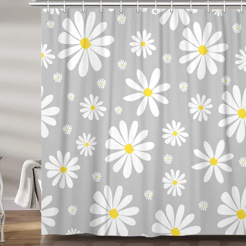 Vista 9 de Cortina de ducha con diseño floral de margaritas azules para caravana, remolque, baño, lindo juego de cortinas de ducha de tela estrecha y corta