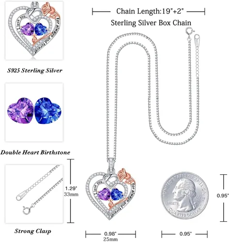 Vista 4 de Iefil Collares de corazón de rosa, regalos para ella, collar de plata de ley 925 con piedra natal, regalos de aniversario de cumpleaños