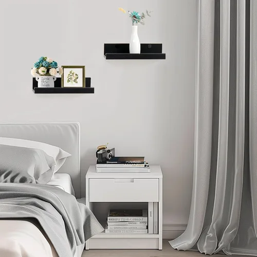 Vista 7 de Muzilife Estantes Flotantes de Pared Pequeños de 12" con Borde - Juego de 2 Estantes Flotantes de Madera - Repisa Negra Montada en Pared