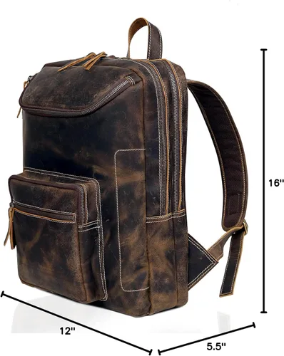 Vista 10 de Mochila de cuero vintage para hombre, bolsa para laptop de 16 pulgadas, gran capacidad, viajes de negocios, senderismo, mochila de hombro, mochila