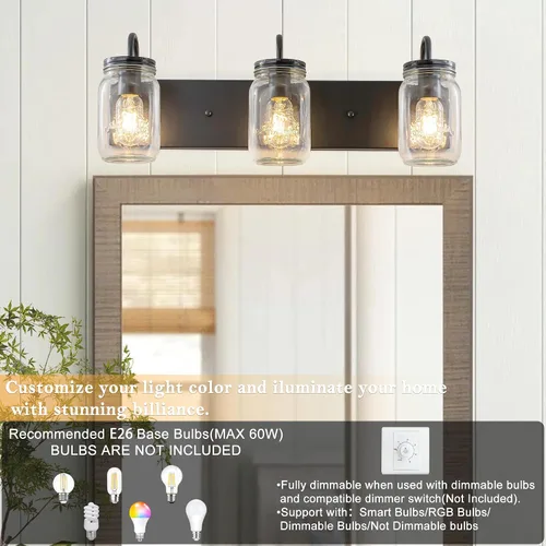 Vista 7 de Lámparas de pared de cristal de tocador, aplique de pared negro con tarro Mason para baño, granja